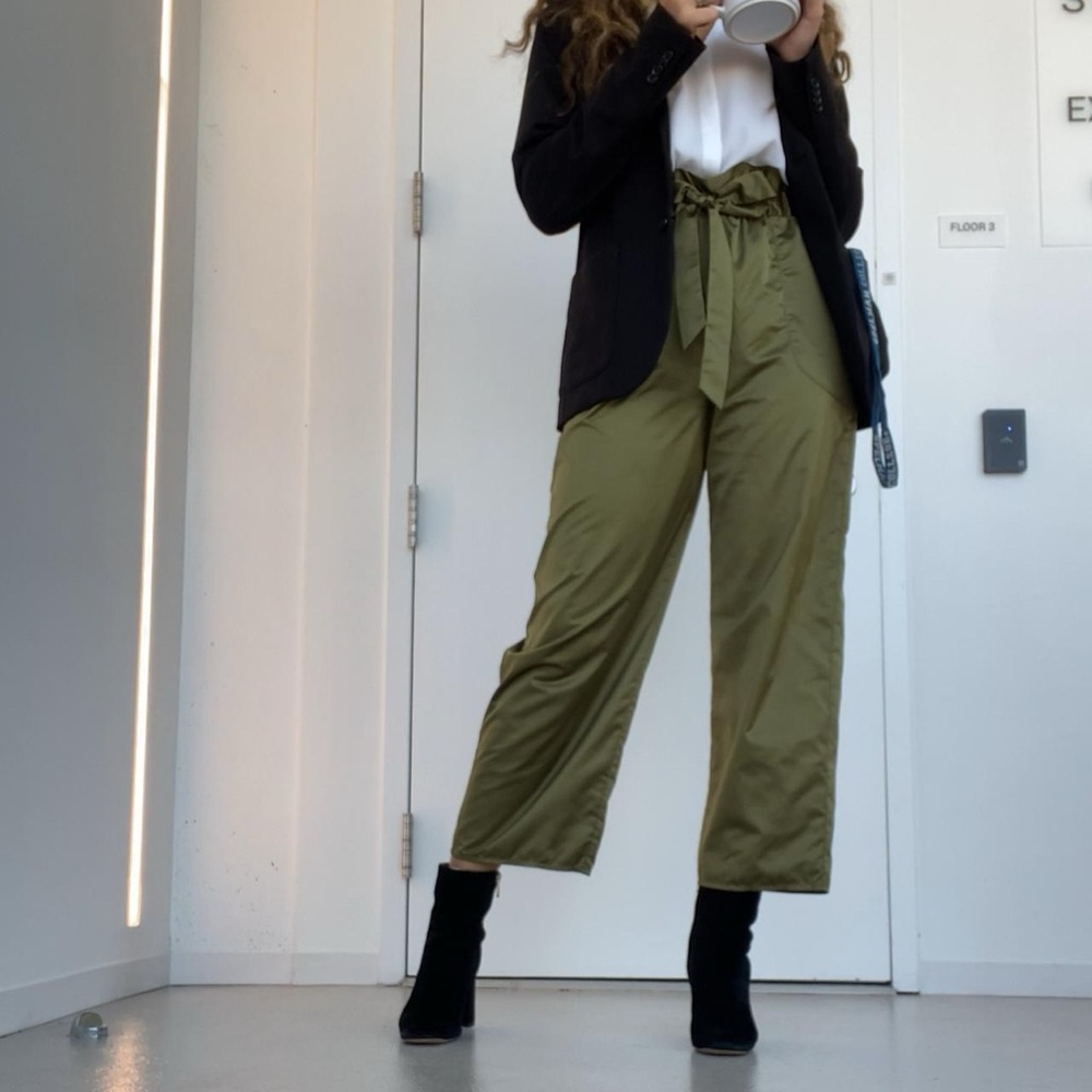 “metal” green wide leg/ankle trousers